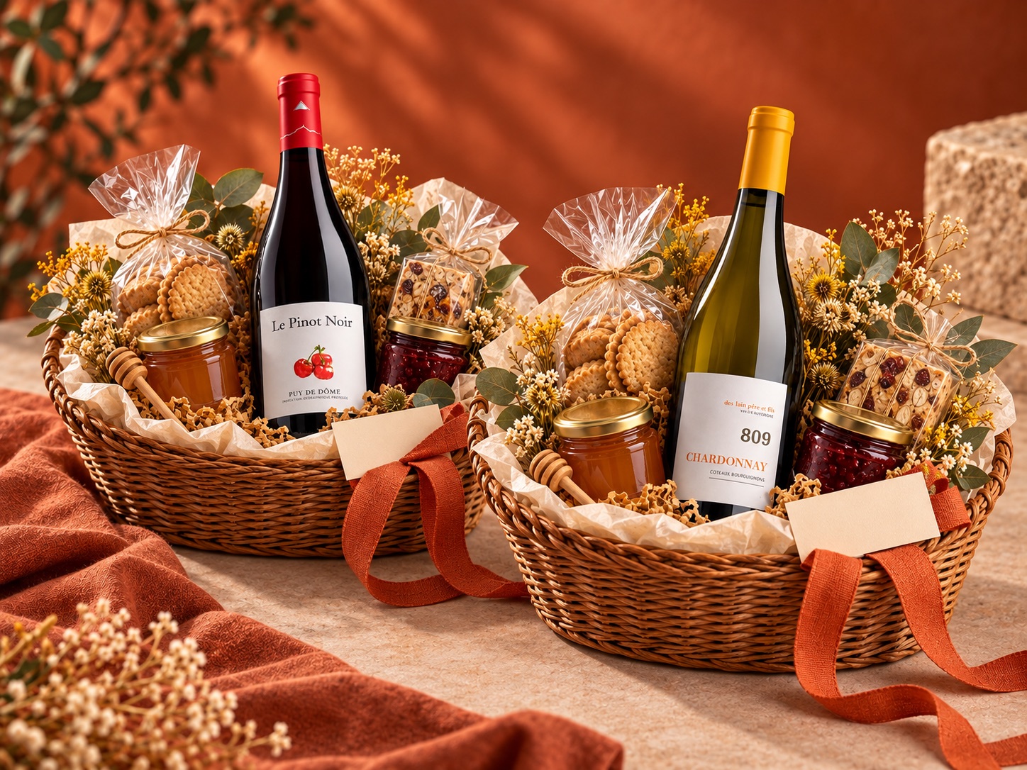 Deux paniers gourmands associant vins Desprat et produits gourmands
