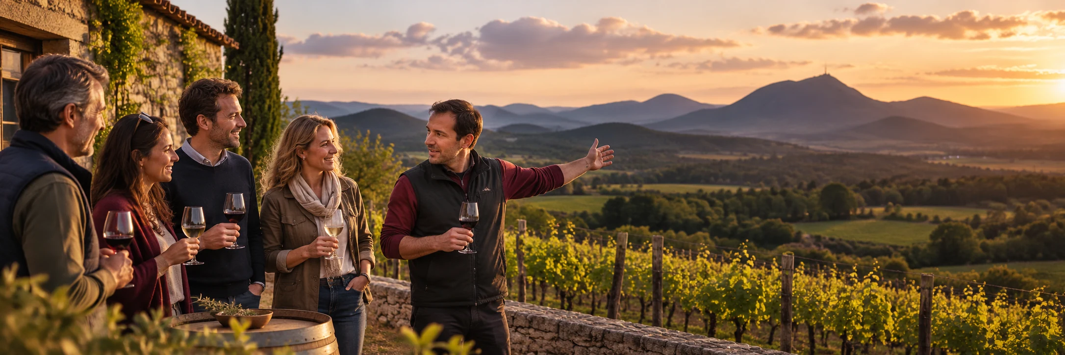 Illustration d’un groupe découvrant les vins dans un paysage auvergnat